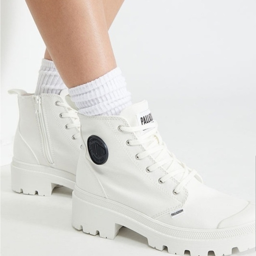 Palladium Pallabase Twill 96907-116-M Women White LugSole Platform CombatBoot